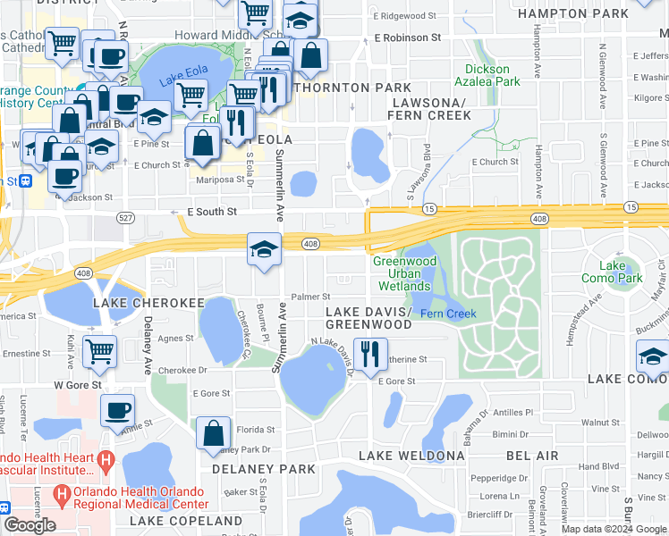 map of restaurants, bars, coffee shops, grocery stores, and more near 1005 Elmwood Street in Orlando