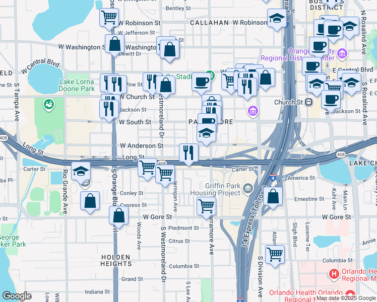 map of restaurants, bars, coffee shops, grocery stores, and more near 813 Long Street in Orlando