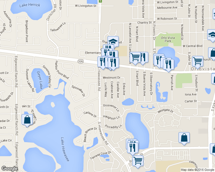 map of restaurants, bars, coffee shops, grocery stores, and more near 314 Crabtree Avenue in Orlando