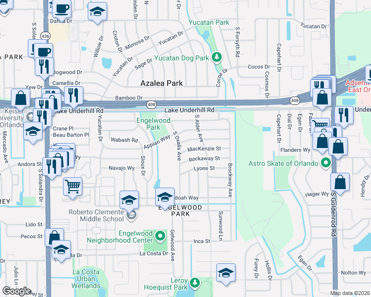 map of restaurants, bars, coffee shops, grocery stores, and more near 6305 Mackenzie Street in Orlando