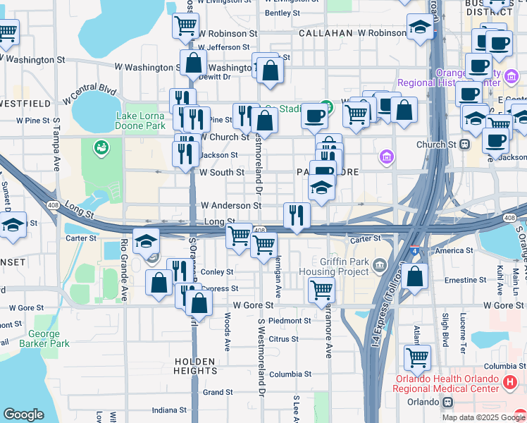 map of restaurants, bars, coffee shops, grocery stores, and more near 509 South Westmoreland Drive in Orlando