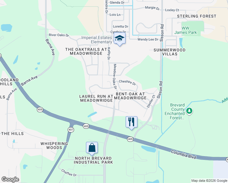 map of restaurants, bars, coffee shops, grocery stores, and more near 5800 Hummingbird Court in Titusville