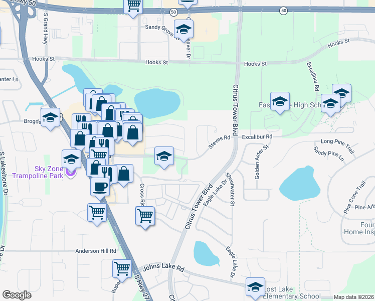 map of restaurants, bars, coffee shops, grocery stores, and more near 2487 Hastings Boulevard in Clermont