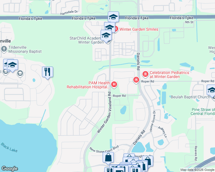 map of restaurants, bars, coffee shops, grocery stores, and more near 14288 Creekbed Circle in Winter Garden