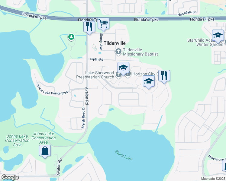 map of restaurants, bars, coffee shops, grocery stores, and more near 14801 Ellingsworth Lane in Winter Garden