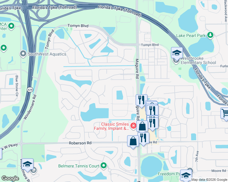 map of restaurants, bars, coffee shops, grocery stores, and more near 813 Grovesmere Loop in Ocoee