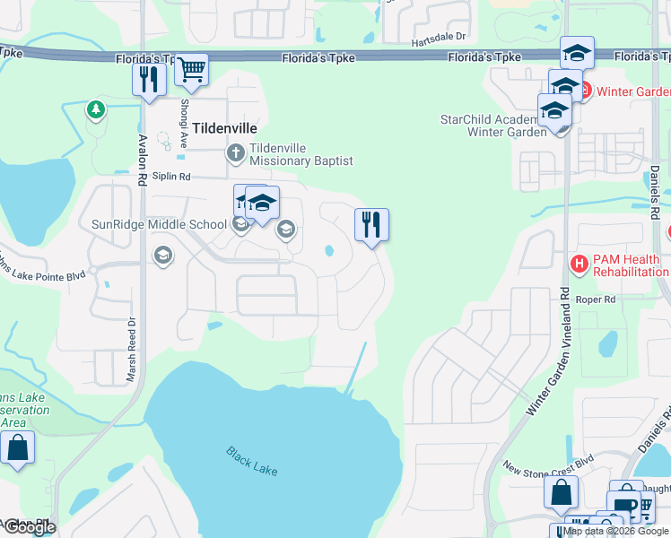 map of restaurants, bars, coffee shops, grocery stores, and more near 14186 Jomatt Loop in Winter Garden