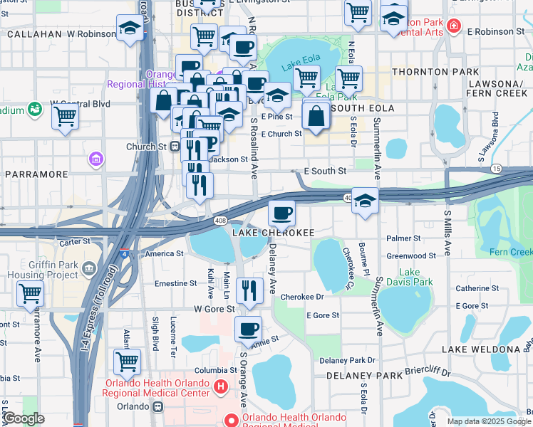 map of restaurants, bars, coffee shops, grocery stores, and more near 496 Delaney Avenue in Orlando
