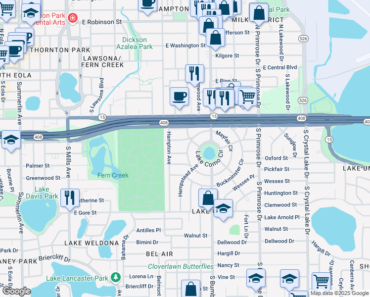 map of restaurants, bars, coffee shops, grocery stores, and more near 2121 Tangerine Street in Orlando