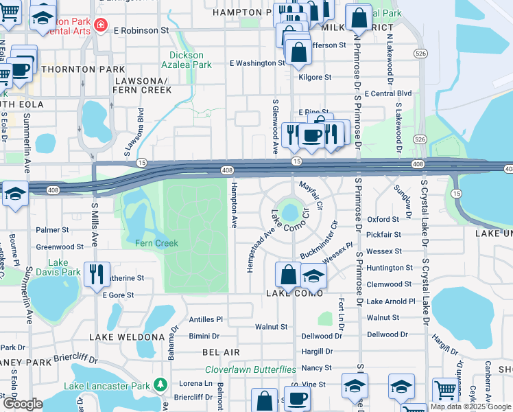 map of restaurants, bars, coffee shops, grocery stores, and more near 2121 Tangerine Street in Orlando