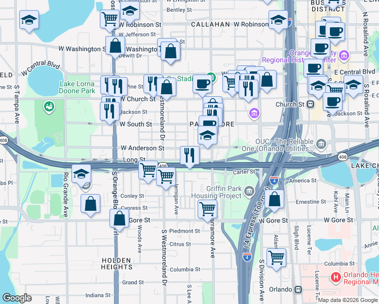 map of restaurants, bars, coffee shops, grocery stores, and more near 813 Long Street in Orlando