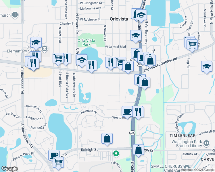 map of restaurants, bars, coffee shops, grocery stores, and more near 5945 Uona Street in Orlando