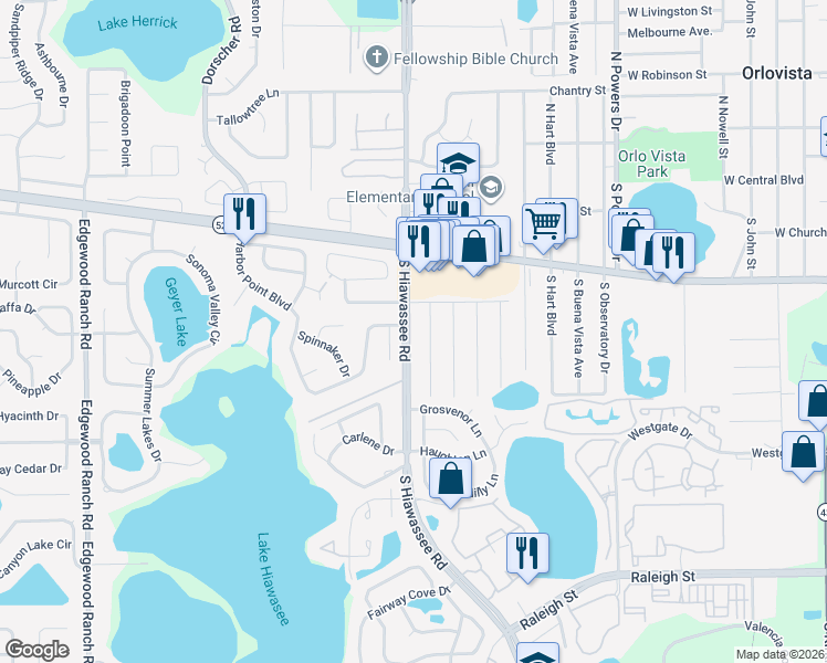 map of restaurants, bars, coffee shops, grocery stores, and more near 307 South Hiawassee Road in Orlando