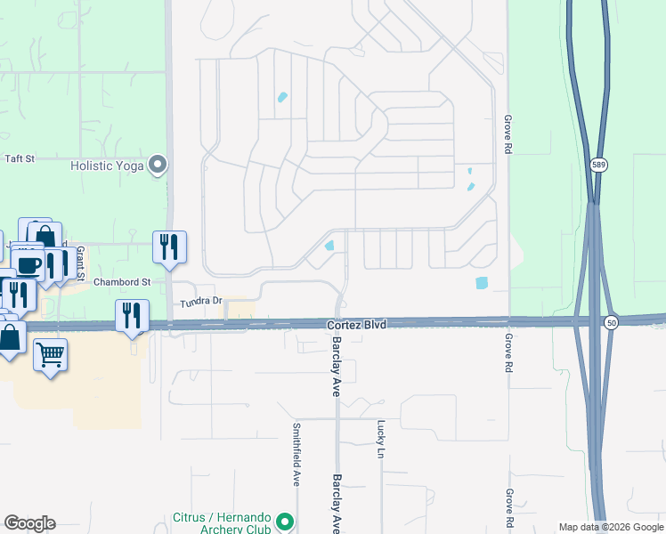 map of restaurants, bars, coffee shops, grocery stores, and more near 14256 Misty Street in Brooksville