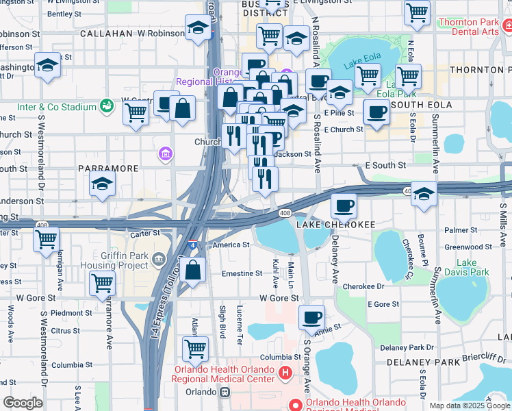 map of restaurants, bars, coffee shops, grocery stores, and more near 100 West Anderson Street in Orlando