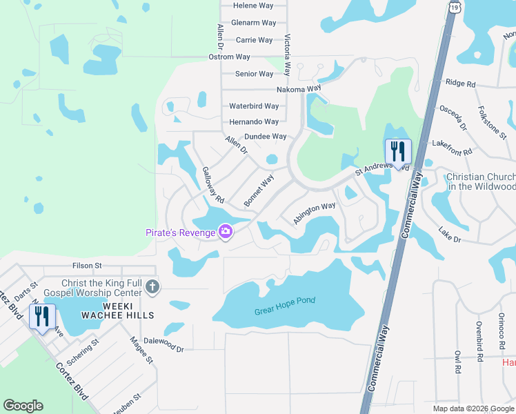 map of restaurants, bars, coffee shops, grocery stores, and more near 9009 Heather Boulevard in Weeki Wachee