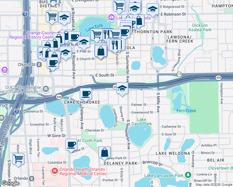 map of restaurants, bars, coffee shops, grocery stores, and more near 521 South Osceola Avenue in Orlando