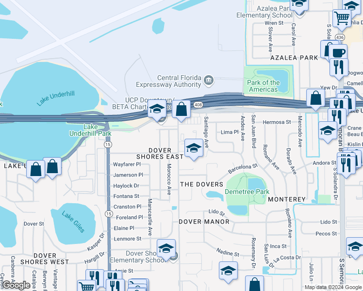 map of restaurants, bars, coffee shops, grocery stores, and more near 4900 Dover Circle in Orlando
