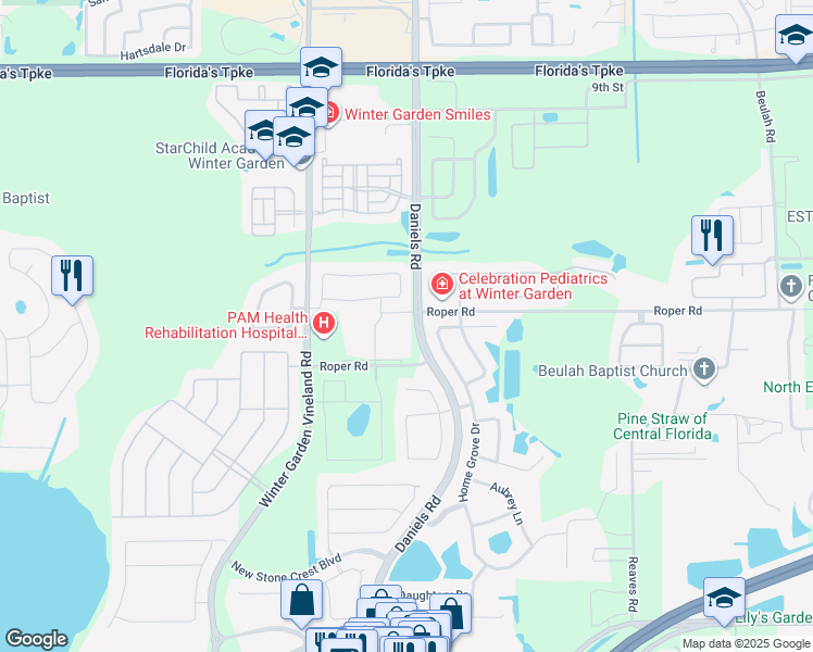 map of restaurants, bars, coffee shops, grocery stores, and more near 2020 Daniels Road in Winter Garden