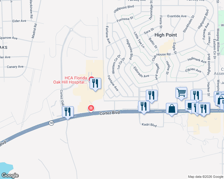 map of restaurants, bars, coffee shops, grocery stores, and more near 7358 1st Loop Avenue in Brooksville