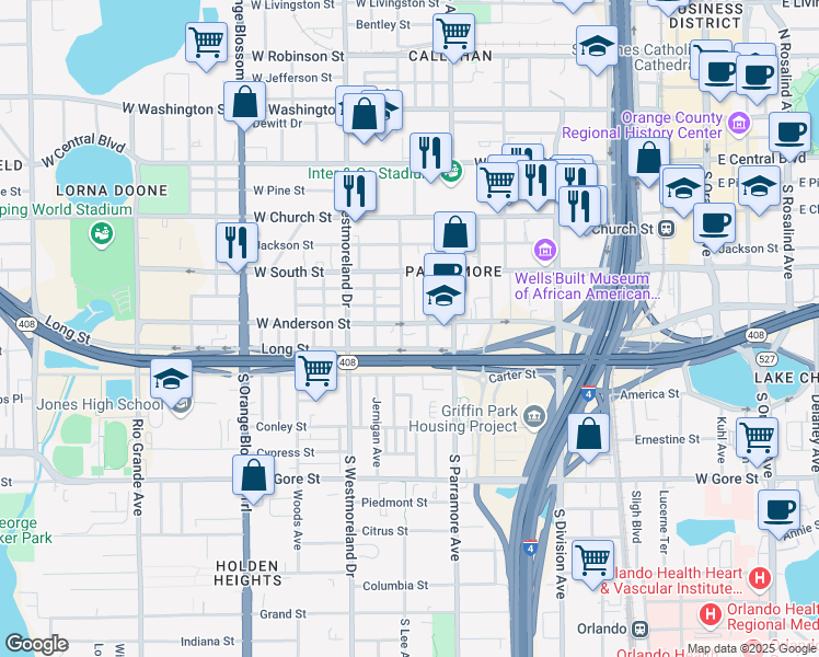 map of restaurants, bars, coffee shops, grocery stores, and more near 727 Long Street in Orlando