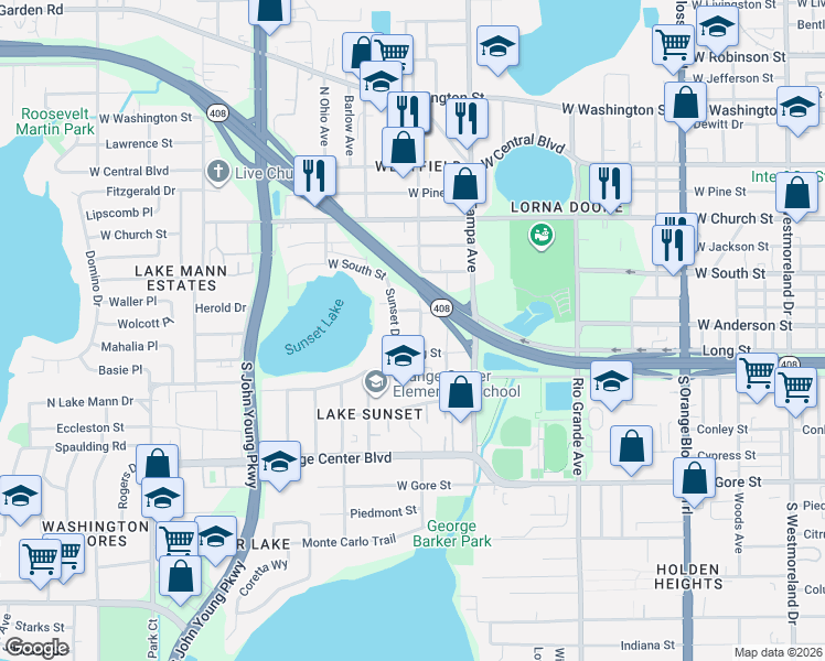 map of restaurants, bars, coffee shops, grocery stores, and more near 526 South Dollins Avenue in Orlando