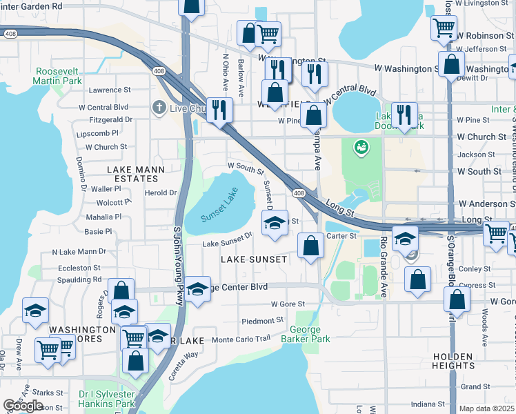 map of restaurants, bars, coffee shops, grocery stores, and more near 516 Sunset Drive in Orlando