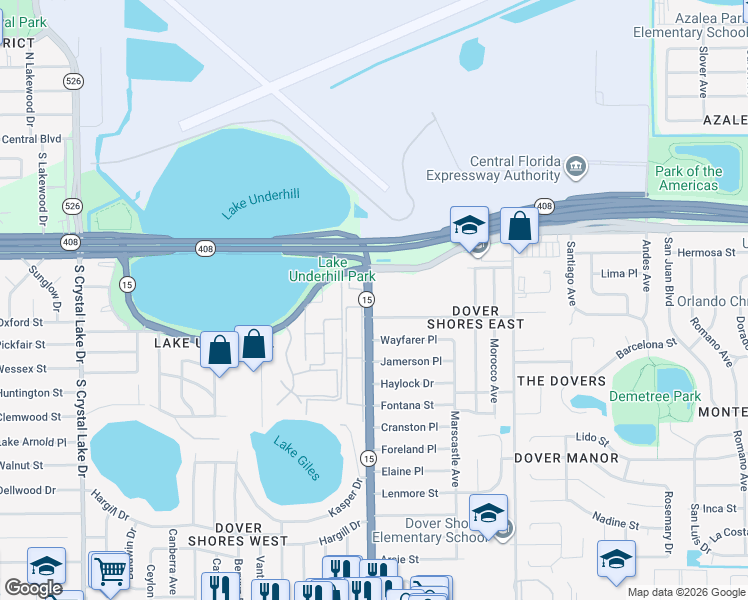 map of restaurants, bars, coffee shops, grocery stores, and more near 525 South Conway Road in Orlando