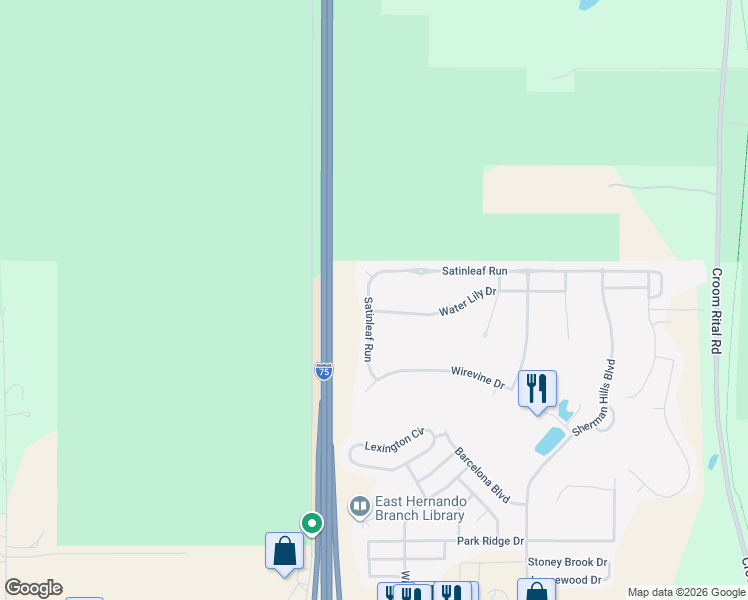 map of restaurants, bars, coffee shops, grocery stores, and more near 30745 Water Lily Drive in Brooksville