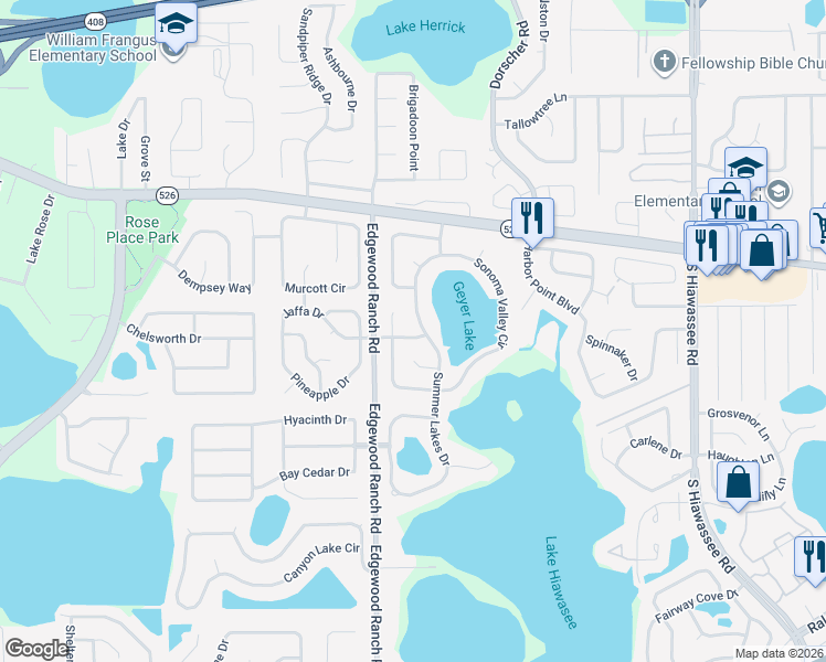 map of restaurants, bars, coffee shops, grocery stores, and more near 1077 Summer Lakes Drive in Orlando
