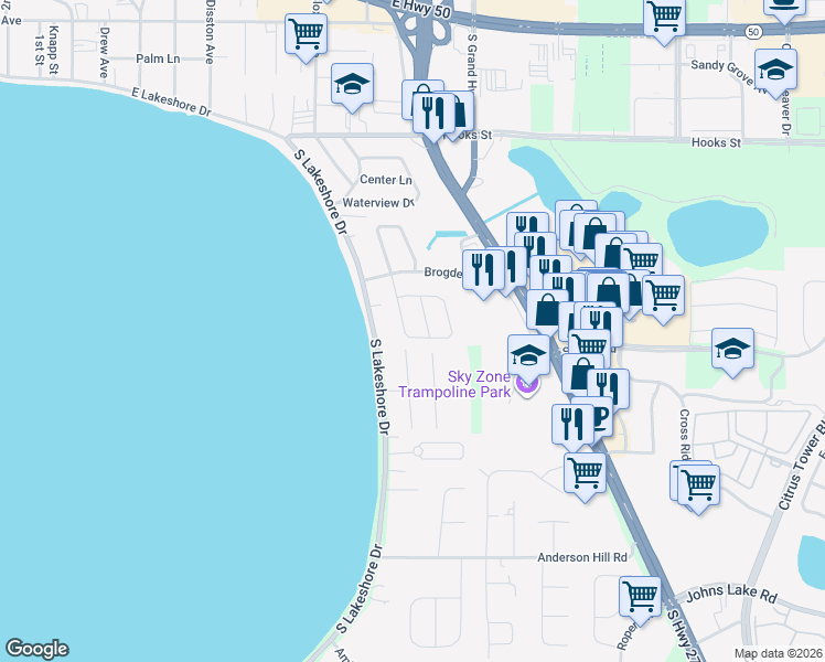 map of restaurants, bars, coffee shops, grocery stores, and more near 2385 Lakeview Avenue in Clermont