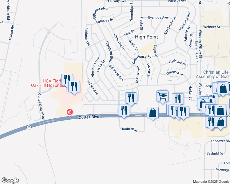 map of restaurants, bars, coffee shops, grocery stores, and more near 7314 1st Circle Drive in Brooksville