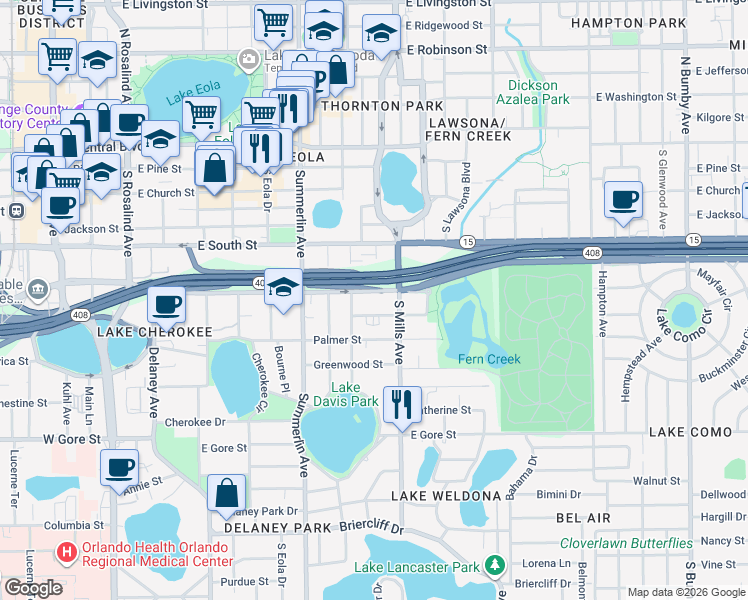 map of restaurants, bars, coffee shops, grocery stores, and more near 1005 Elmwood Street in Orlando