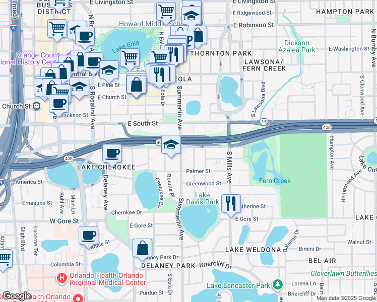 map of restaurants, bars, coffee shops, grocery stores, and more near 516 Daniels Avenue in Orlando