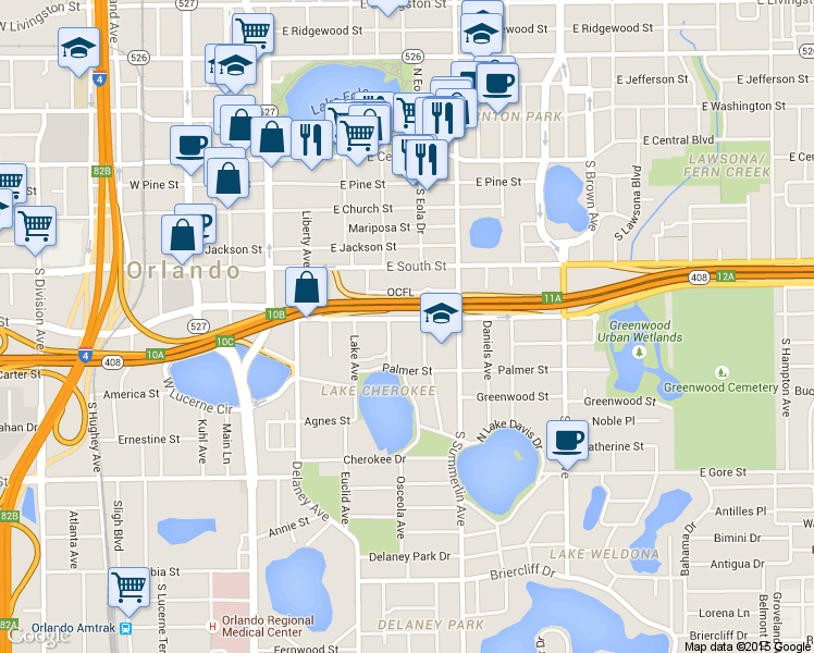 map of restaurants, bars, coffee shops, grocery stores, and more near 521 South Osceola Avenue in Orlando