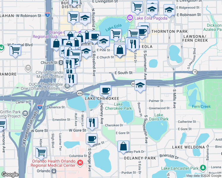 map of restaurants, bars, coffee shops, grocery stores, and more near 521 Margaret Court in Orlando