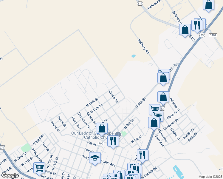 map of restaurants, bars, coffee shops, grocery stores, and more near 1510 Clamp Street in Carrizo Springs