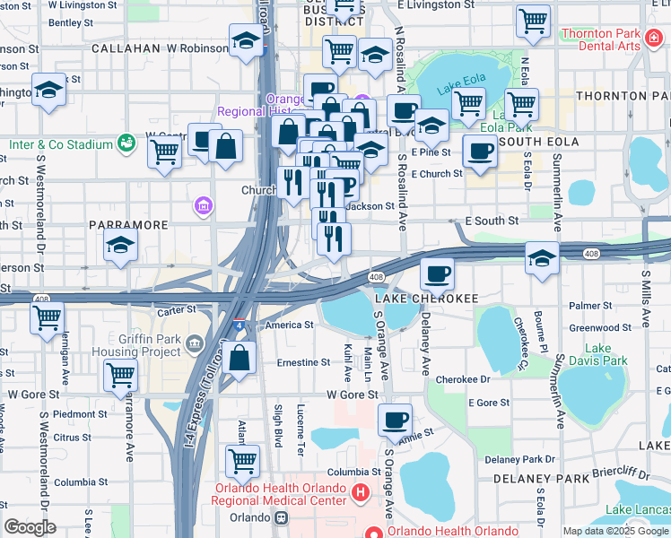 map of restaurants, bars, coffee shops, grocery stores, and more near 500 South Orange Avenue in Orlando