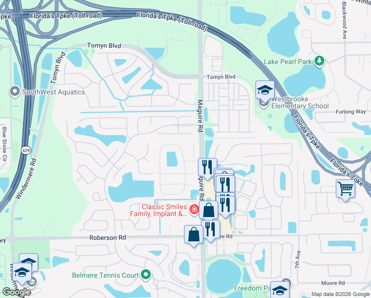 map of restaurants, bars, coffee shops, grocery stores, and more near 810 Windergrove Court in Ocoee