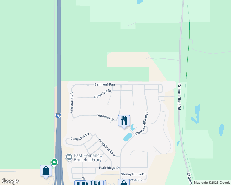 map of restaurants, bars, coffee shops, grocery stores, and more near 31076 Water Lily Drive in Brooksville
