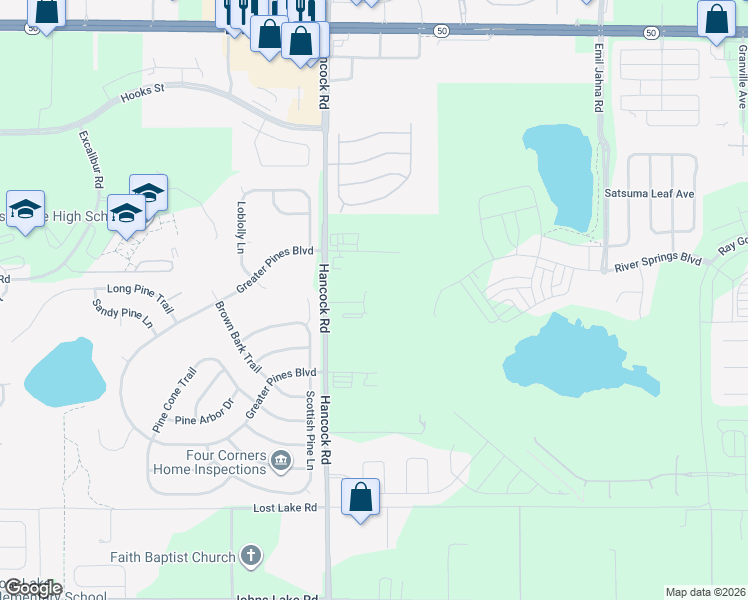 map of restaurants, bars, coffee shops, grocery stores, and more near 13030 Hancock Road in Clermont