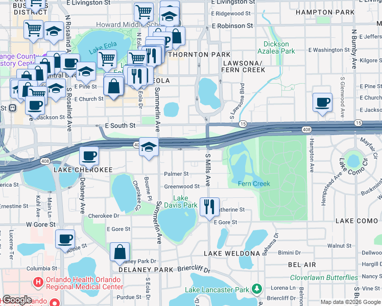 map of restaurants, bars, coffee shops, grocery stores, and more near 1005 Elmwood Street in Orlando