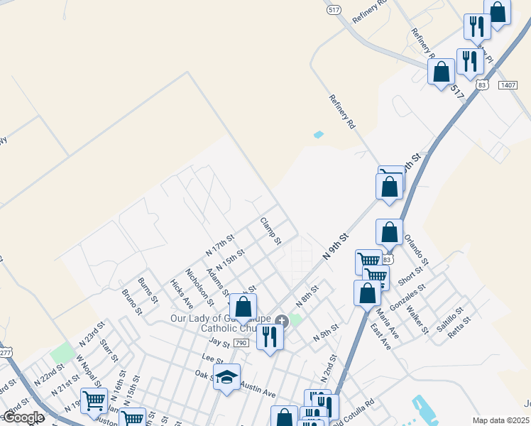 map of restaurants, bars, coffee shops, grocery stores, and more near 1702 North 17th Street in Carrizo Springs