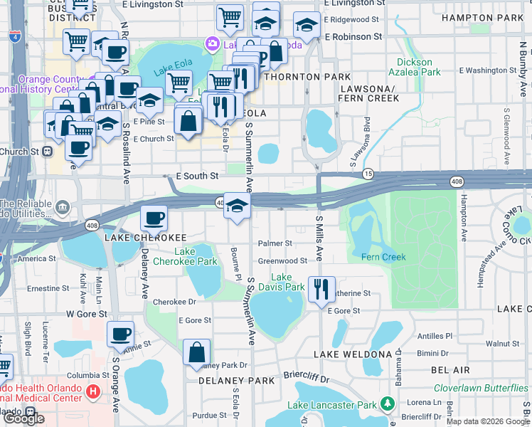 map of restaurants, bars, coffee shops, grocery stores, and more near 516 Daniels Avenue in Orlando
