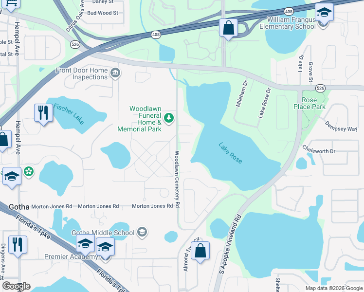 map of restaurants, bars, coffee shops, grocery stores, and more near 541 Woodlawn Cemetery Road in Gotha