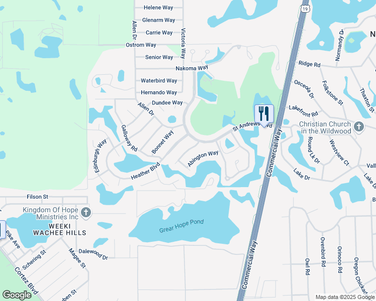 map of restaurants, bars, coffee shops, grocery stores, and more near 7427 Abington Way in Spring Hill