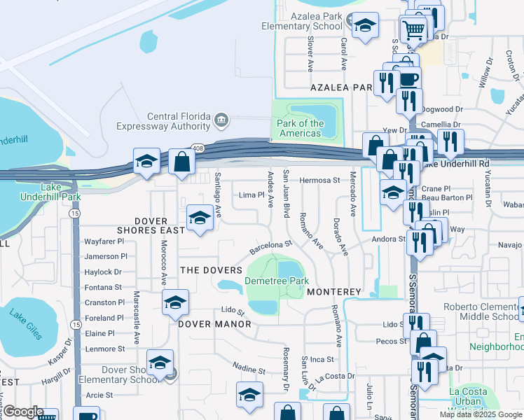 map of restaurants, bars, coffee shops, grocery stores, and more near 550 Andes Avenue in Orlando