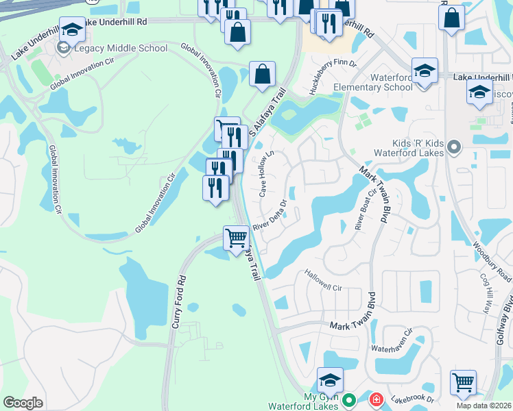 map of restaurants, bars, coffee shops, grocery stores, and more near 12105 Harkness Court in Orlando