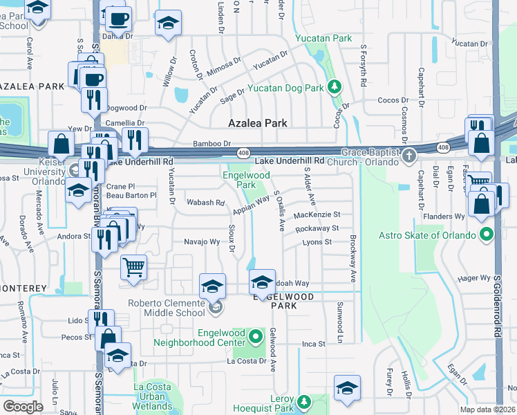 map of restaurants, bars, coffee shops, grocery stores, and more near 6214 Yellowstone Street in Orlando