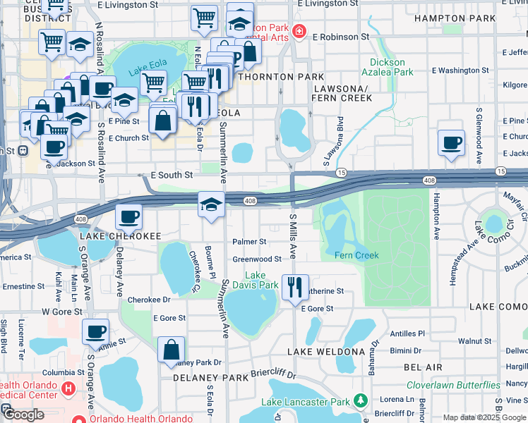 map of restaurants, bars, coffee shops, grocery stores, and more near 1005 Elmwood Street in Orlando